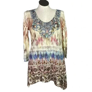 One World Women XL Studded Sharkbite Geometric Top Blue Multicolor 3/4 Sleeves